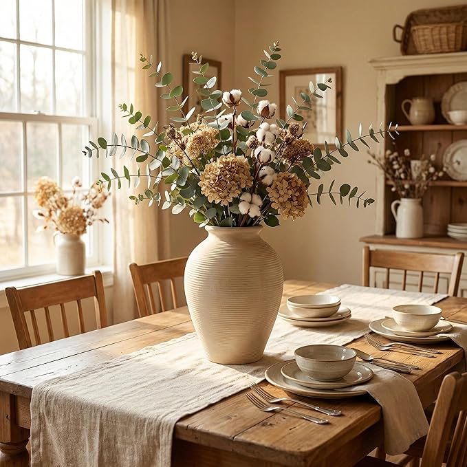 Large 9 Inch Ceramic Vase, Farmhouse Rustic Table Centerpiece, Vintage Floor Vase for Dried Flowers, Home Decor for Living Room, Mantel, Bookshelf & Office