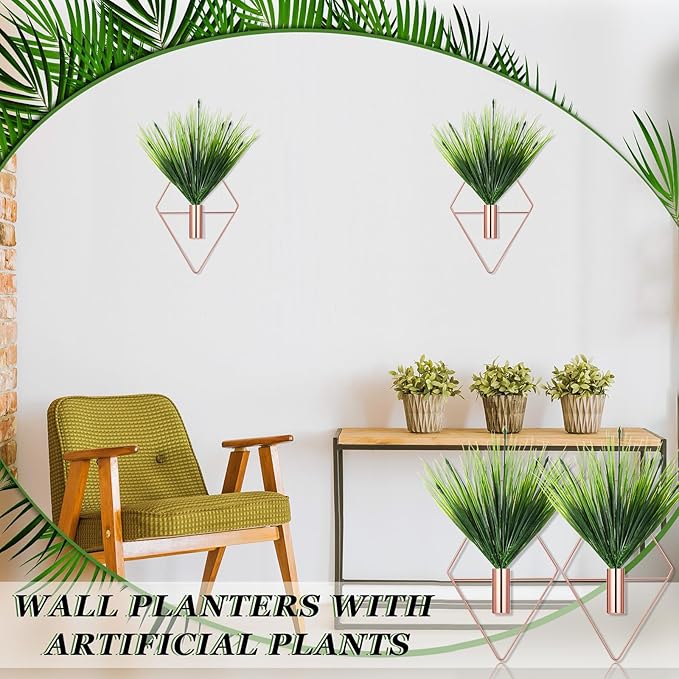Canlierr 2 Pieces Wall Decor Hanging Planters with Artificial Plants Metal Hanging Vase Indoor Plants Holder Modern Boho Wall Art for Bathroom Bedroom Living Room Decor(Rose Gold,Aquatic Plant)