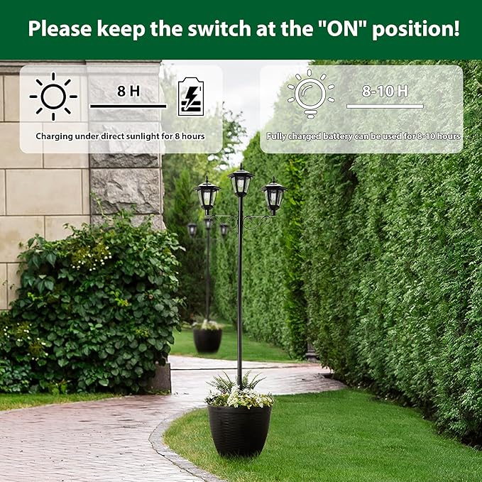 Glitzhome 74” H Outdoor Solar Lamp Post Light Oversized with Planter Pot - 3 Head Solar Lamp Post with Planter for Lawn, Pathway, Driveway, Front/Back Door - Warm White