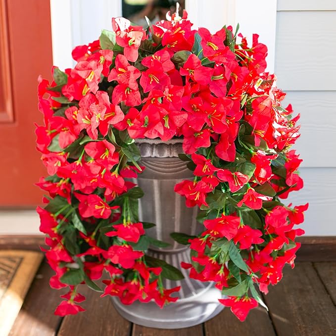 HyeFlora Bougainvillea Artificial Hanging Flowers Plants for Outdoors Decoration, 2pcs Red Fake Flowers Silk Bougainvillea Vines Realistic UV Resistant Faux Flowers for Outside Planters Porch Patio