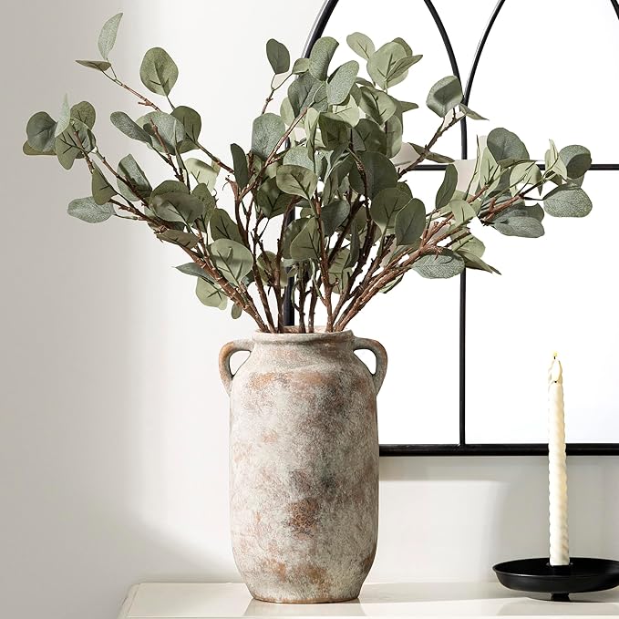 Large Flower Vase Home Decor - 12 inch Tall Ceramic Farmhouse Rustic Table Vases with Handle Living Room Decoration Decorative Modern Vintage for Floor Kitchen Shelf Coffee Dining Desk Fireplace