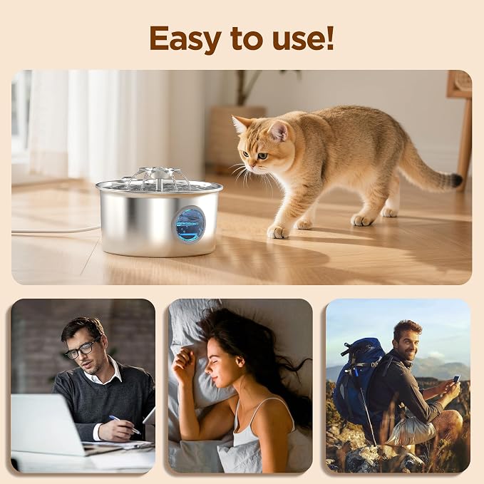 Cat Water Fountain Stainless Steel: Pet Fountain with 6 Filters & 3 Sponges | 88oz/2.6L Water Fountains for Cats Inside with Flower - IHOUONE Kitty Spout Drinking Dispenser Animal Supplies