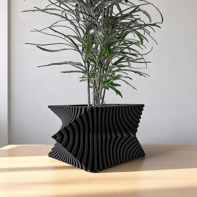 Aeon Twist Modern Planter – Black Sculptural Plant Pot for Indoor Decor Geometric Design with Drainage – Unique Home Accent for Living Room, Office, or Shelf (Black, Compact Structure: 6" x 4" WH)