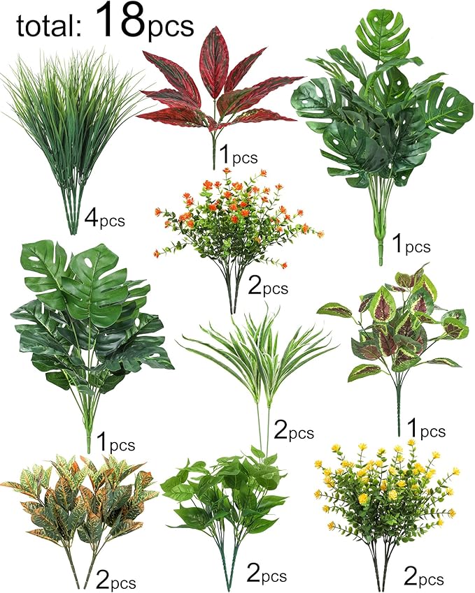 Ouddy Decor 18 Pcs Artificial Plants Outdoor, Fake Boxwood Plants UV Resistant Artificial Flowers Greenery Stems Faux Shrubs for Indoor Outdoor Porch Patio Garden Spring Summer Home Decor