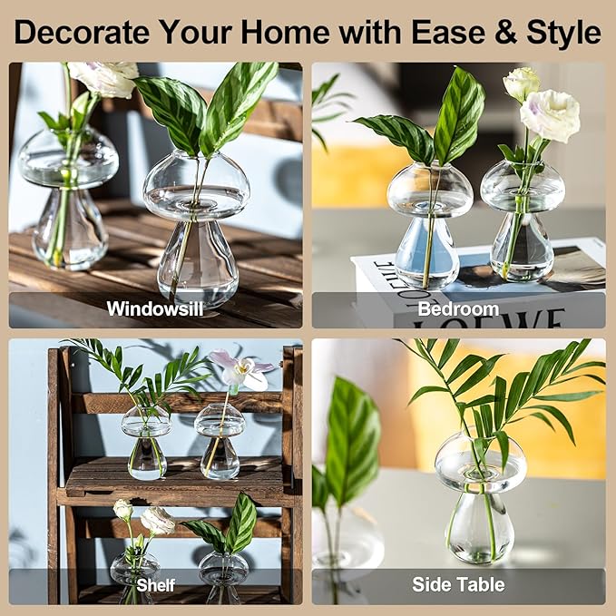Mushroom Glass Planter, Plant Propagation Station, Cute Mushroom Vase, Clear Glass Terrarium Jar Propagation Vase for Indoor Plants Home Decor, Gifts for Plant Lovers (4)