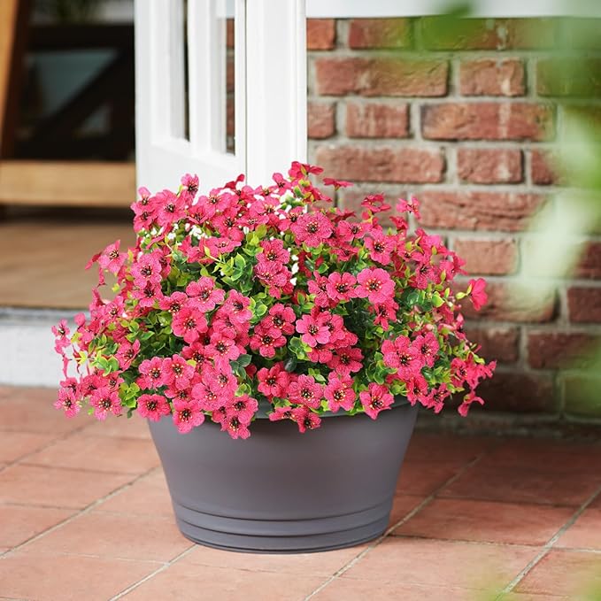 ATTGREAT Artificial Flowers Outdoor Faux Plants UV Resistant Fake Patio Flowers Plastic Greenery Plnats Outside Bulk for Spring Garden Hanging Planter Home Vase Decor, 12 Bundles (Rose Red)