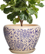 Ceramic Pots for Plants 10 Inch - Indoor Flower Pots with Drainage Hole and Tray, Decorative Pot for Indoor Outdoor Plants, Round Planters, Bathroom Decor, Gifts for Men Women, Retro Blue