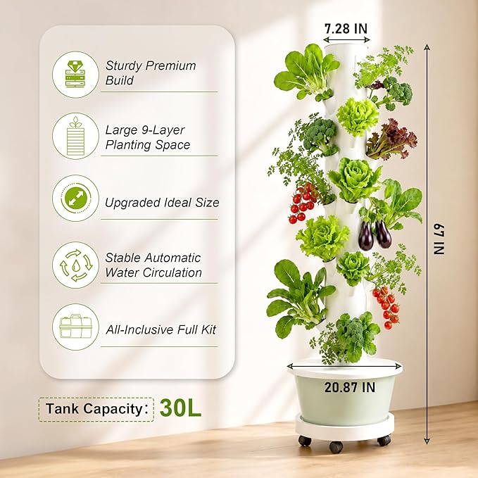 9-Tier 67-Inch Hydroponic Tower Garden System - 36-Plant Aeroponic Growing Tower with 20-Gallon Reservoir & Mobile Cart for Indoor Vertical Farming (Herb/Lettuce/Strawberry Kit)