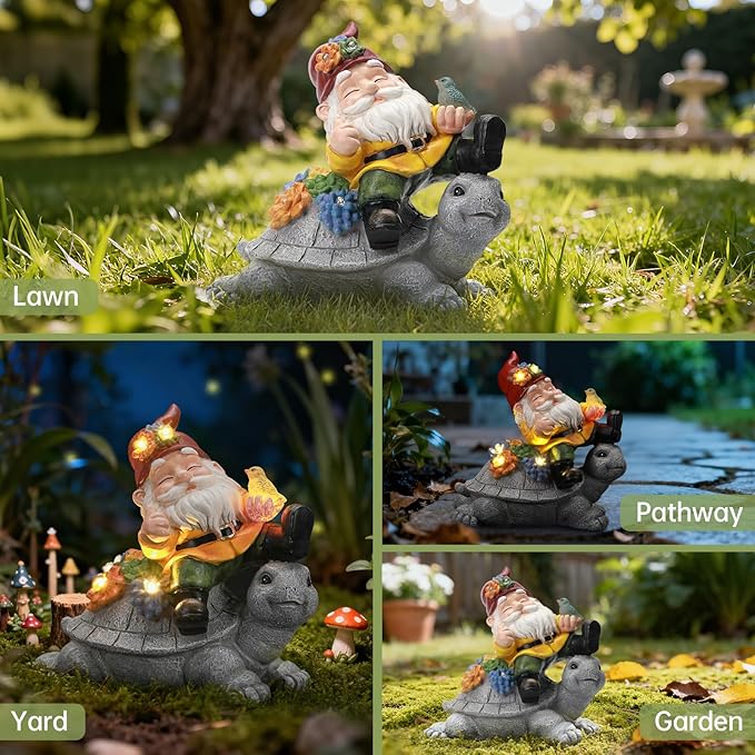 Solar Gnome Statue Outdoor Decor,Gnome on Turtle Figurines with LED Light for for Fairy Garden Yard Balcony Lawn Christmas Housewarming for Women Mom Grandma