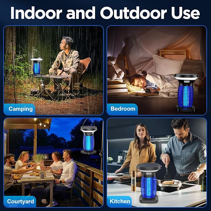 Solar Bug Zapper Outdoor Waterproof, Portable & Rechargeable Bug Zapper with Panel Sensor & LED Night Light Mosquitoes Zapper, Electric Fly Zapper for Home, Patio, Backyard, Camping