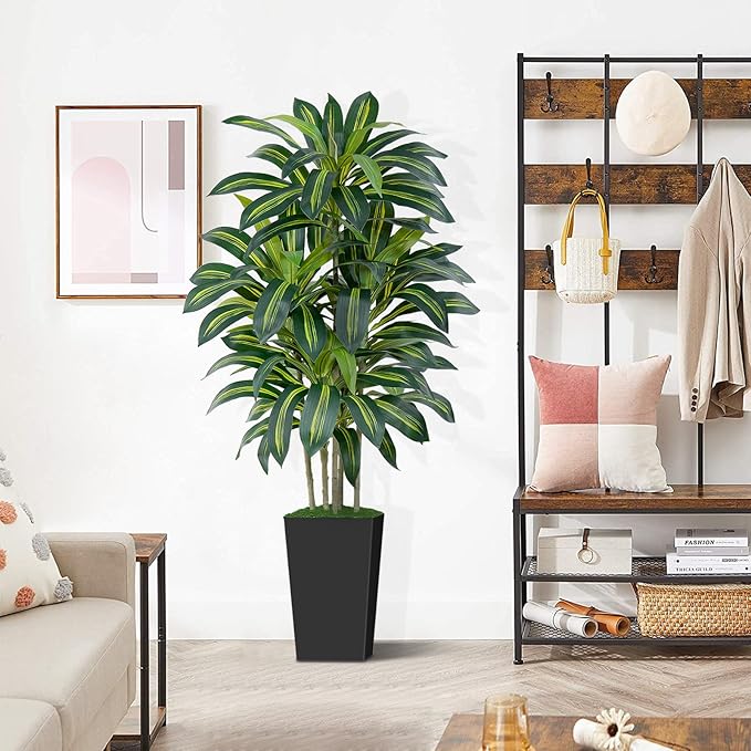 5FT Artificial Dracaena Tree - High-Density Foliage Fake Plant with Black Tall Planter - Faux Yucca Floor Plant for Home Office Decor Indoor