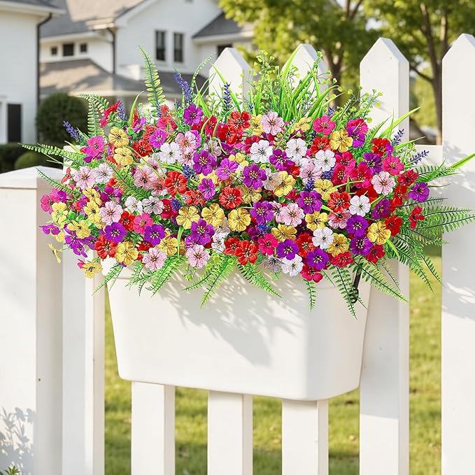 Alupssuc 24 Bundles Artificial Flowers for Outdoors Spring Decoration, UV Resistant Faux Eucalyptus Violet and Lavender Silk Fake Plants for Outside Indoor Decor, Red Rose Purple Yellow Pink White