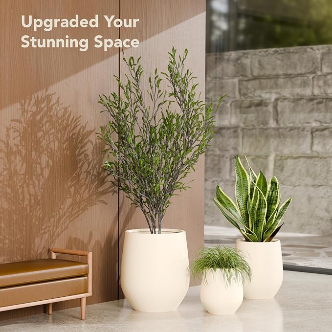 12.5" H x 11.4" D Premium Corso Fiberstone Round Tapered Planter with Drainage Hole, Smooth Finishes, Weather Resistant, Included 2 Extra Coco Mats (Kilim Beige, 9" Pot Opening)