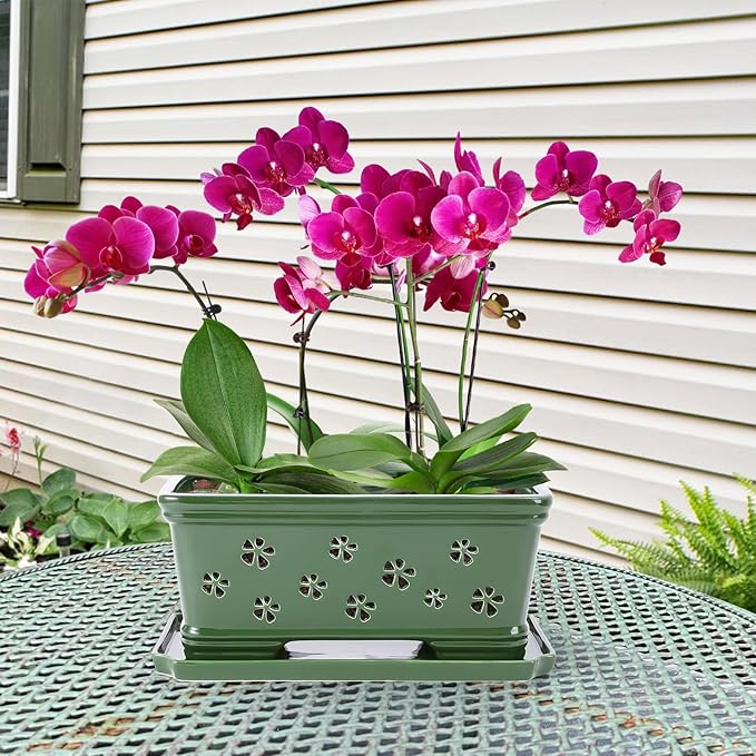 Orchid Pot with Holes12 Inch Ceramic Plant Pots with Drainage Holes and Tray, Promoting Air Circulation and Drainage, Indoor/Outdoor Green Flower Pots