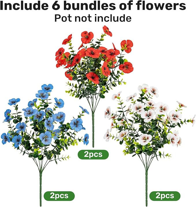 17 Inch Artificial Faux Pansy Flowers for Outdoor,Fake Pansies Flowers with Eucalyptus Leaves Fake Plants Greenery Boxwood Porch Patio Decor 6 Bundles(Red,Blue,White)