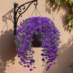 Artificial Hanging Flowers for Outdoors, 4 PCS 600 Blooms UV Resistant Morning Glory Faux Silk Vines, No-Odor Realistic Fake Plants for Garden Planter Porch Patio Decoration, Purple
