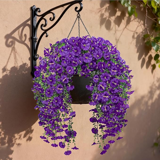 Artificial Hanging Flowers for Outdoors, 4 PCS 600 Blooms UV Resistant Morning Glory Faux Silk Vines, No-Odor Realistic Fake Plants for Garden Planter Porch Patio Decoration, Purple