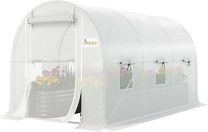 KING BIRD Premium 10x6.6x6.6FT Greenhouse for Outdoors, Large Walk-in Heavy Duty Galvanized Steel Frame, Mesh Door Screen Window Upgraded Zipper Tunnel Hoop for Garden Plant Winter, White