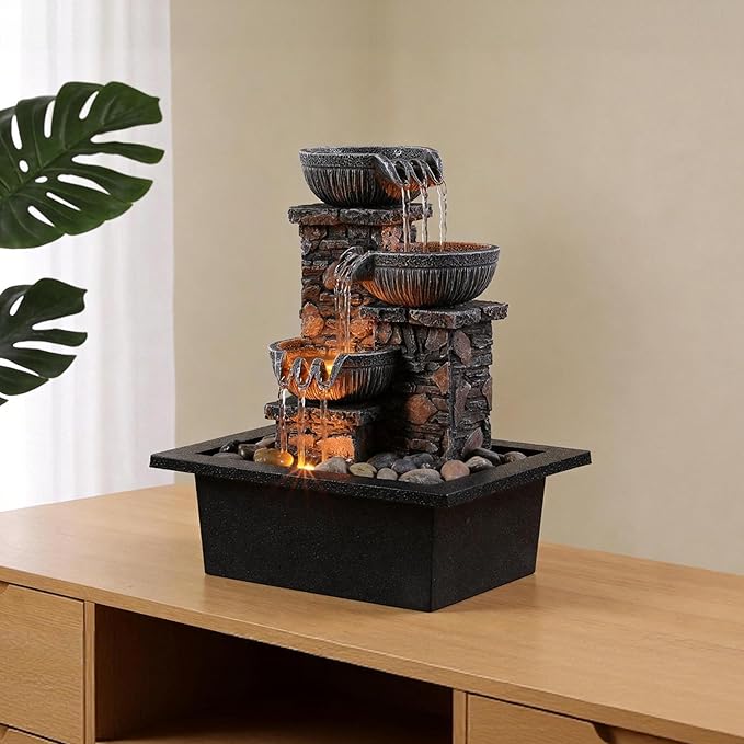 Kalona Tabletop Waterfall Fountain 3 Bowls with LED Light, Soothing Water Flow Sound, Zen Meditation Decor for Home and Office, Relaxation Water Fountains Indoor (23113)