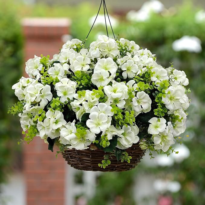 Artificial Geranium Flowers for Outdoor Decoration, 6 Bundles UV Resistant Silk Geranium Fake Plants Faux Flowers for Front Porch Garden Patio Window Box Outside Indoor Decor (White)