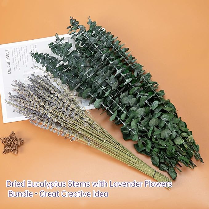 115 PCS Mixed Dried Eucalyptus Stems with Lavender Flowers Bundle for Shower, 17'' Natural Eucalyptus Leaves Branches Hanging Shower Plant for SPA Home Fragrance Bathroom Table Vase Decor