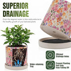 3Pcs Floral Ceramic Planters with Drainage Holes & Saucers, Modern Indoor/Outdoor Pots for Succulent, Cactus, Snake Plant, Home & Garden Decor