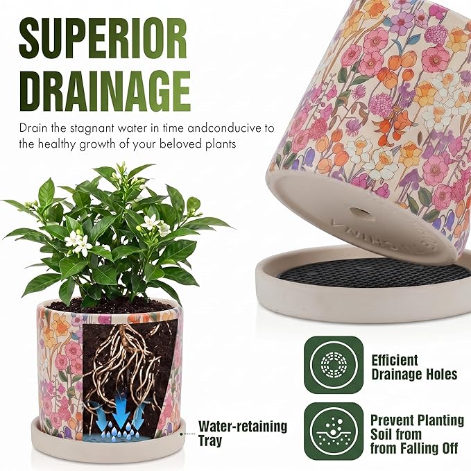3Pcs Floral Ceramic Planters with Drainage Holes & Saucers, Modern Indoor/Outdoor Pots for Succulent, Cactus, Snake Plant, Home & Garden Decor