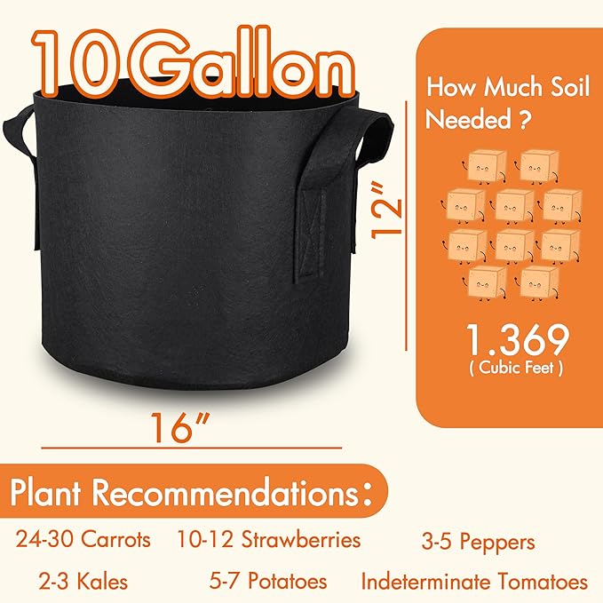 Gardzen 10-Pack 10 Gallon Grow Bags, 300G Thickened Fabric Grow Bags with Handles, Heavy Duty Aeration Plant Grow Bags