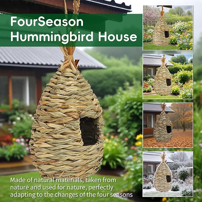 Gute Hummingbird Houses for Outside Hanging, Natural Grass Hanging Bird Hut, Hand Woven Hummingbird Nest, Large Wren Finch Bird House for Garden Window Outdoor Home Decoration, Set of 2