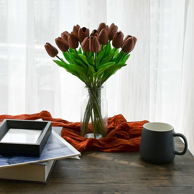 Mandy's Brown Artificial Tulips Flowers Centerpiece, 13.5" Lifelike PU Fake Floral Stems 20pcs for Kitchen Island & Dining Table, Spring Decor for Easter