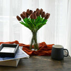 Mandy's Brown Artificial Tulips Flowers Centerpiece, 13.5" Lifelike PU Fake Floral Stems 20pcs for Kitchen Island & Dining Table, Spring Decor for Easter