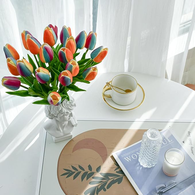 Mandy's Rainbow Orange Artificial Tulips Flowers Centerpiece, 13.5" Lifelike PU Fake Floral Stems 20pcs for Kitchen Island & Dining Table, Spring Decor for Easter
