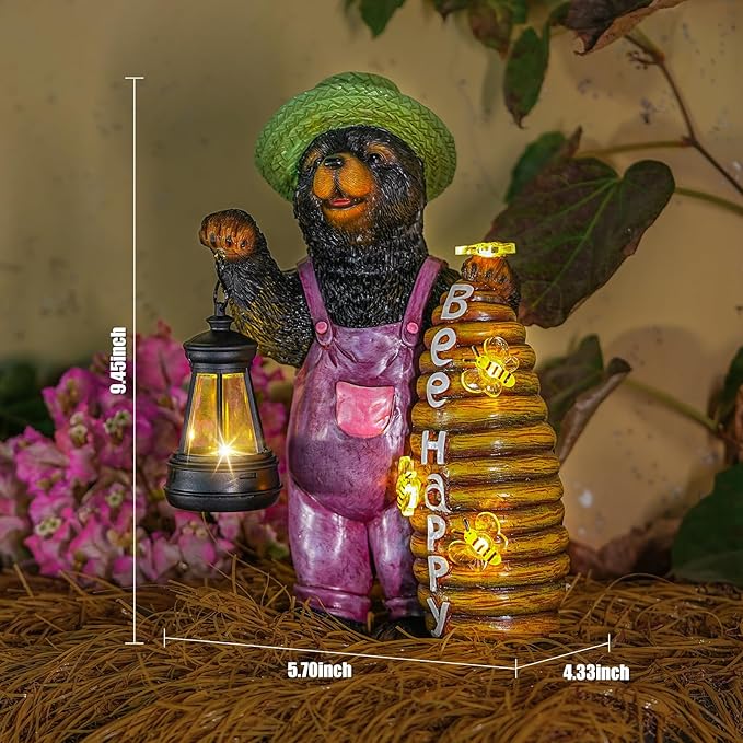 Joint Honglin Solar Adorable Bear Garden Statue with Beehive and Lantern - “Bee Happy” Resin Outdoor Decoration for Yard, Patio, or Home Decor