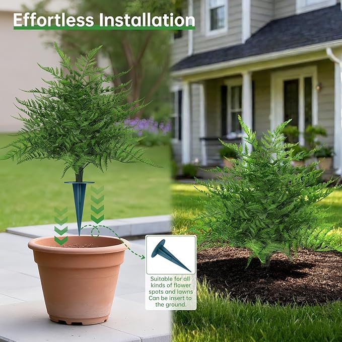 2Pcs Artificial Fern Topiary Trees, Fake Shrubs with Ground Spike, Faux Bushes for Porch Plants, UV Resistant Artificial Evergreen for Outdoors Indoor Front Garden