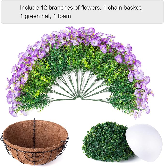 Artificial Fake Hanging Plants Flowers Basket for Outdoors Spring Summer Decoration, UV Resistant Realistic Outdoor Faux Silk Morning Glory in Planter for Outside Porch Patio Balcony Garden Yard Home