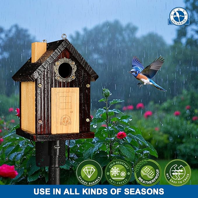 SISTERBIRD Pack of 2 Premium Bluebird Houses for Outside, All Seaons Bird Houses for Outside, Wooden Cabin Birdhouses for Outdoors, Weatherproof Courtyard Decorated Hanging Bird House
