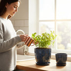 Ceramic Plant Pots, 4.5+5.5 Inch Small Plant Pots, Flower Pots Indoor Planters with Drainage and Tray, Modern Indoor Plant Pots for Home and Office, Indoor Planters with Drainage (Glaze Blue)