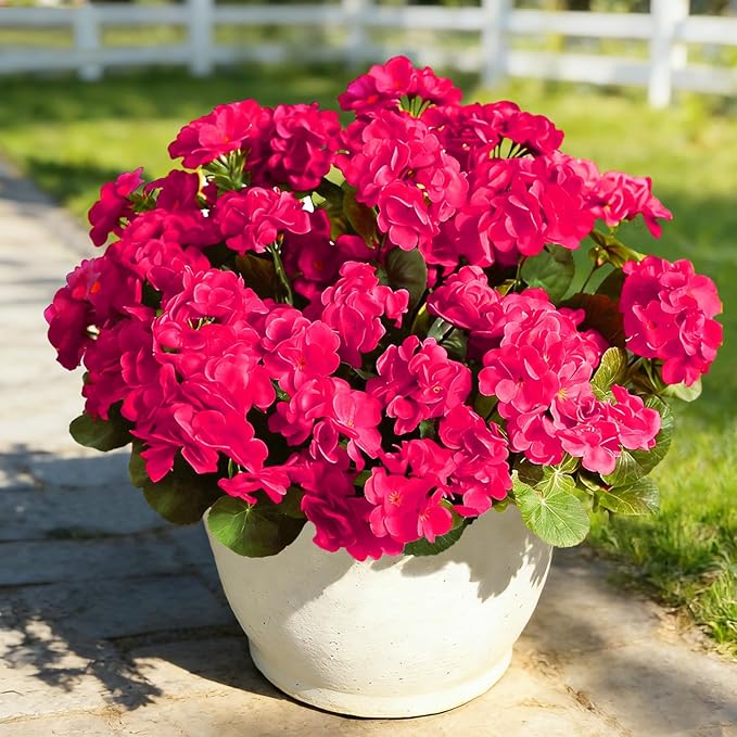 Fake Outdoor Flowers, 4 Pcs Artificial Flowers For Outdoors, Rose Red Artificial Geraniums Plastic Flowers, Fake Plant For Outside, Silk Faux Flowers For Outdoor Planters UV Resistant For Front Porch