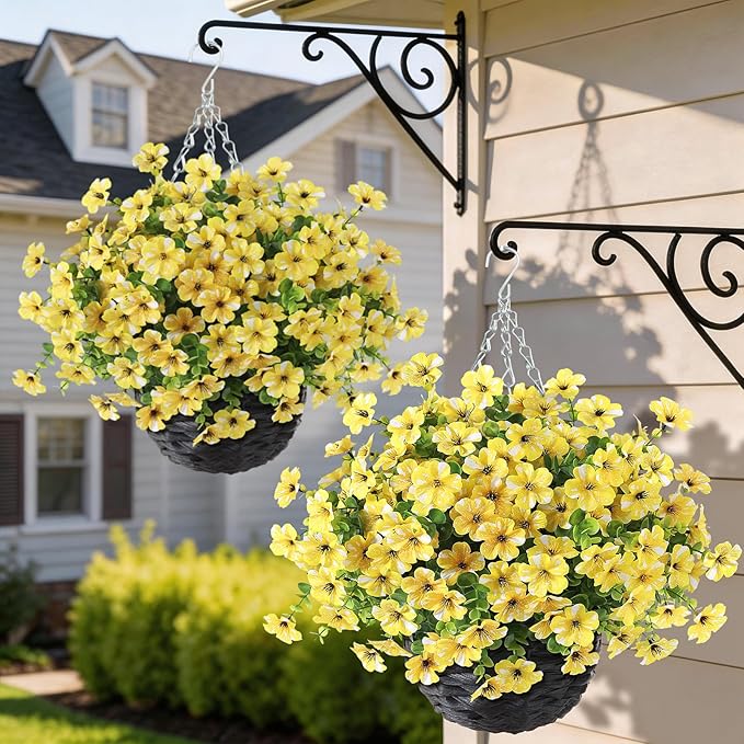 GLIDLION Artificial Flower & Eucalyptus with Hanging Basket - 2PCS Faux UV Sun Resistant Morning Glory in Planter, Fake Colorful Silk Flowers for Spring Summer Porch Patio Balcony Yard Decor (Yellow)