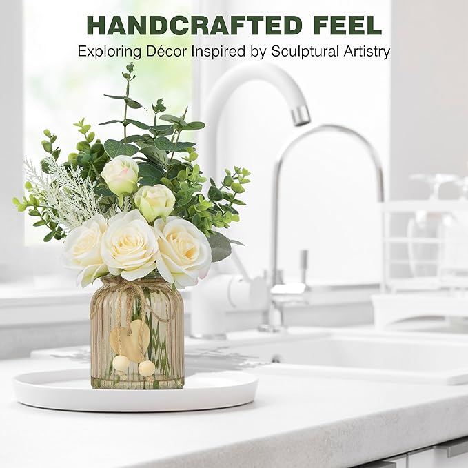 Fake Flowers with Vase, Silk Roses Artificial Eucalyptus in Glass Vase for Farmhouse Bathroom Kitchen Table Decor, Silk Flower Arrangements for Bedroom, Dining Room, Living Room Decor