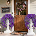 Artificial Hanging Flowers for Outdoors, 4 PCS 600 Blooms UV Resistant Morning Glory Faux Silk Vines, No-Odor Realistic Fake Plants for Garden Planter Porch Patio Decoration, Purple