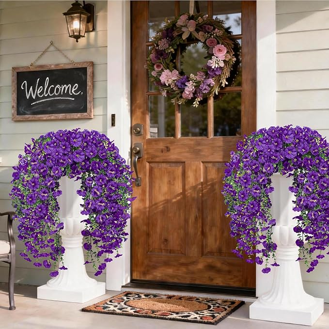Artificial Hanging Flowers for Outdoors, 2 PCS 300 Blooms UV Resistant Morning Glory Faux Silk Vines, No-Odor Realistic Fake Plants for Garden Planter Porch Patio Decoration, Purple