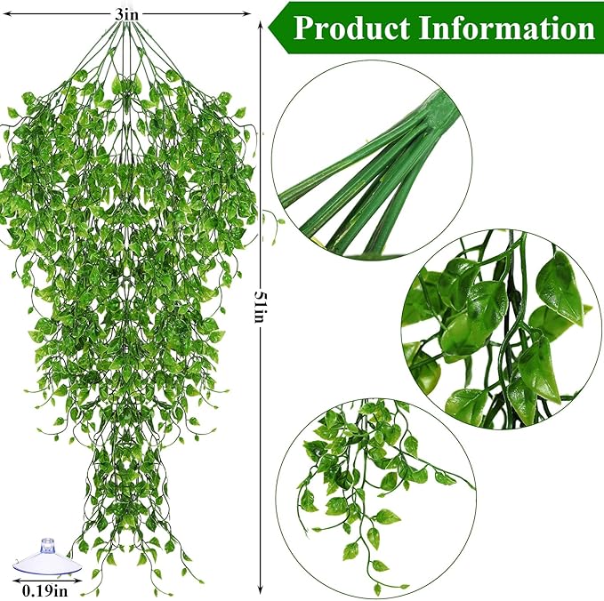 Suncalla Reptile Plants Terrarium Hanging Plants Vines Boston Climbing Terrarium Plant with Suction Cup for Bearded Dragons Lizards Crested Gecko Snake Crab Tank(Petite Leaf Series,Multiple Green)