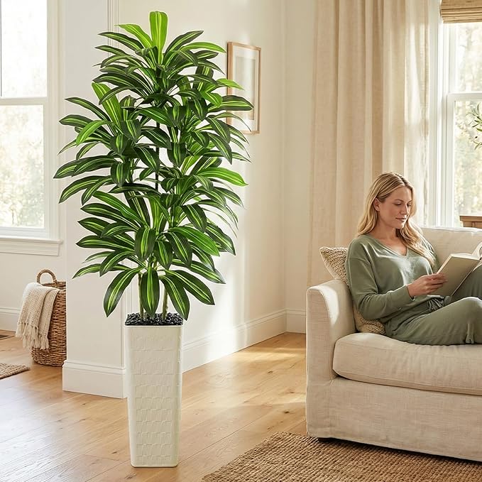 Artificial Dracaena Tree：7FT Faux Silk Tropical Yucca Floor Trees Realistic Fake Green Plant with Natural Wood Trunk & Lifelike Leaves for Home Office Decor Indoor & Outdoor (7FT,1-Pack,White)
