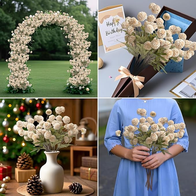 10 Pcs Artificial Flowers Pompon Mum Fake Flowers, Faux Small Mini Chrysanthemum Flowers, Realistic Faux Flowers for Room Decor Aesthetic, Living Room Farmhouse House Decor, Beige