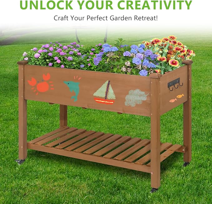 ketive Raised Garden Bed with Legs & Wheels –, Outdoor Elevated Planter Box with Storage Shelf & Hooks for Vegetables, Flowers, and Herbs for Outdoor Gardening, Patio, Balcony,48"x 24"x 33"(Brown)