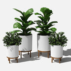 Veradek Demi Series Round Planter w/Stand for Porch/Patio | Durable Plastic-Stone Composite & Wooden Stand | Modern Décor for Tall Plants, Flowers