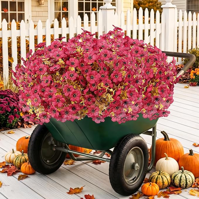 Artificial Flowers for Outdoor,Silk Flowers No Fade Fake Plastic Flowers Faux Plants for Outdoors Outside Front Porch Hanging Planter Window Box Garden Home Decoration,13 Pack Dark Red