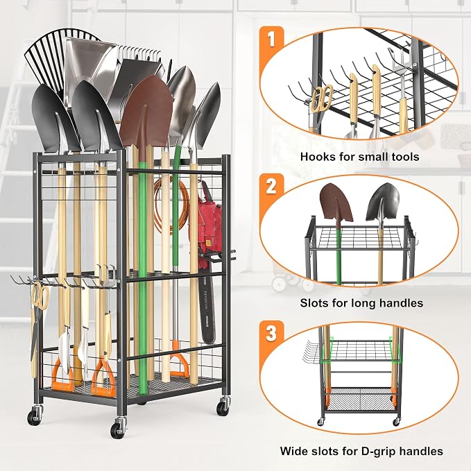 TORACK Garden Tool Stand with Wheels, Rakes Shovels Holder Yard Tools Organizer for Garage, Garden, Shed Indoor/Outdoor Long-Handled Tools Cart(Tool stand)
