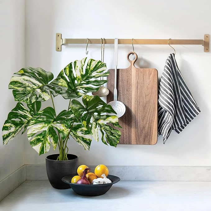 Briful Fake Plants Variegated Monstera Leaves Faux Plant Indoor in Black Pot Artificial Potted Plant Houseplant for Home Decor Patio Farmhouse Kitchen Bathroom